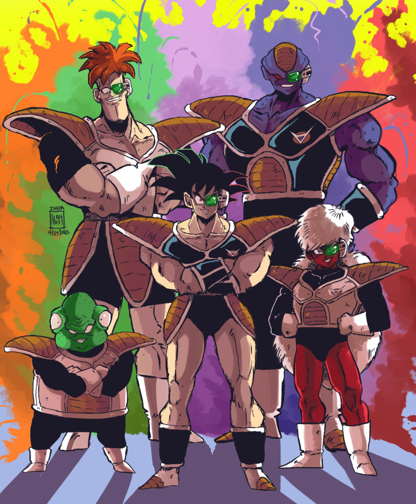 5boys armor black_eyes black_hair boots burter captain_ginyu crossed_arms dragon_ball dragonball_z evil_grin evil_smile ginyu_force gloves green-tinted_eyewear grin guldo highres ishida1694 jeice long_hair looking_at_viewer multiple_boys muscular muscular_male pink_eyes recoome red_eyes scouter smile smirk tagme tinted_eyewear white_hair