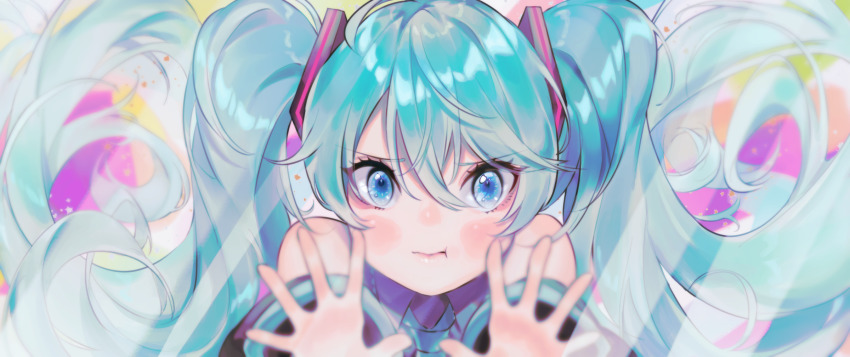 1girl 39 against_fourth_wall against_glass aqua_eyes aqua_hair aqua_necktie bare_shoulders black_sleeves blush commentary detached_sleeves floating_hair foreshortening grey_shirt hair_ornament hand_on_glass hands_against_glass hatsune_miku highres long_hair looking_at_viewer mipi necktie pouty_lips shirt sleeveless sleeveless_shirt solo twintails upper_body v-shaped_eyebrows very_long_hair vocaloid
