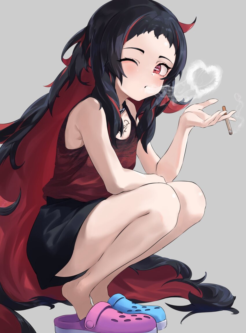 1girl asymmetrical_footwear black_hair black_skirt blush cigarette colored_inner_hair crocs eyelashes grey_background highres holding holding_cigarette long_hair mismatched_footwear multicolored_hair omeletricetaro3 one_eye_closed original red_eyes red_hair red_shirt shirt simple_background skirt sleeveless sleeveless_shirt smoke solo squatting tank_top two-tone_hair very_long_hair