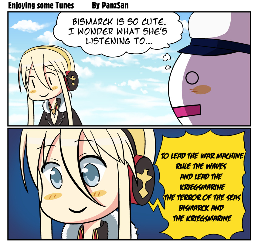 0_0 1boy 1girl artist_name azur_lane bismarck_(azur_lane) blonde_hair blue_eyes blush commander_(azur_lane) english_text fur_collar hat headphones highres i_wonder_what_she&#039;s_listening_to_(meme) listening_to_music long_hair lyrics meme open_mouth panzsan peaked_cap sabaton_(band) speech_bubble thought_bubble |_|