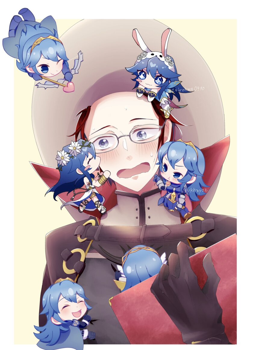 1boy 6+girls chibi fire_emblem fire_emblem_awakening fire_emblem_heroes grey_eyes hat high_collar highres kiss laurent_(fire_emblem) lucina_(brave_princess)_(fire_emblem) lucina_(fire_emblem) lucina_(resplendent)_(fire_emblem) lucina_(spring_exalt)_(fire_emblem) lucina_(valentine)_(fire_emblem) multiple_girls multiple_persona nintendo o-ring official_alternate_costume open_mouth red_hair turtleneck witch_hat ykhay22