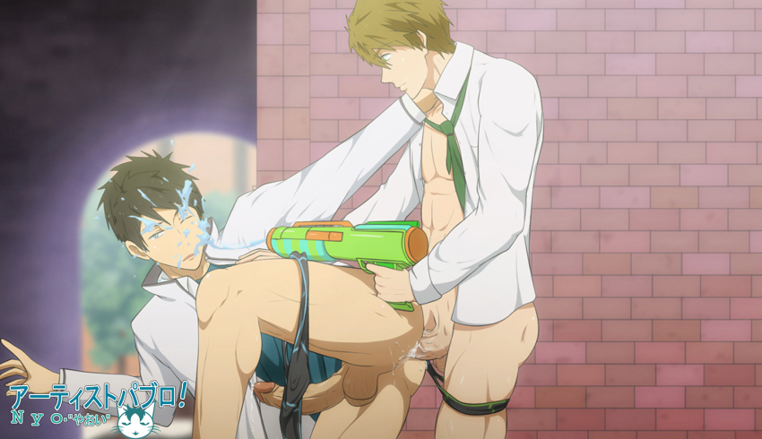 2boys anal black_hair bottomless free! male_focus male_penetrated multiple_boys muscular necktie onoro_nyo penis school_uniform sex smile tachibana_makoto water yamazaki_sousuke yaoi