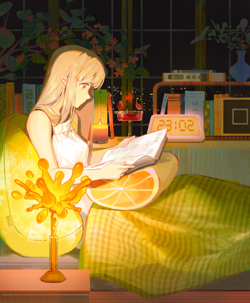 1girl absurdres arknights blonde_hair book candle candlelight commentary_request elf flower from_side highres holding holding_book indoors lyuqiu muelsyse_(arknights) night nightgown on_bed orange_eyes pointy_ears reading red_flower rhine_lab_logo seven-segment_display sitting solo vase white_nightgown