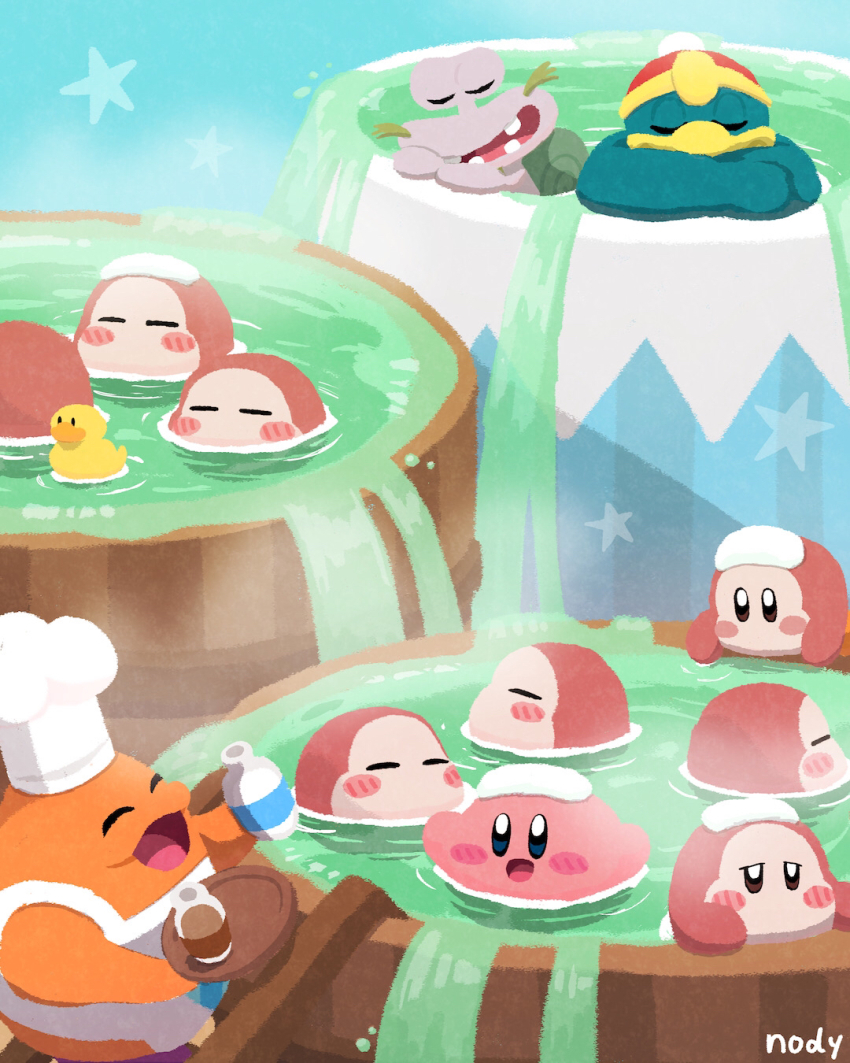 :d ^_^ apron artist_name bathing blue_eyes blue_sky blush blush_stickers bottle brown_eyes chef_hat chef_kawasaki closed_eyes commentary_request day escargon hat highres holding holding_bottle holding_tray king_dedede kirby kirby_(series) ladder looking_at_another nintendo nody_(nody_lowmoo) open_mouth outdoors partially_submerged red_headwear rubber_duck sky smile star_(symbol) teeth towel towel_on_head tray waddle_dee washbowl water waterfall white_apron white_headwear