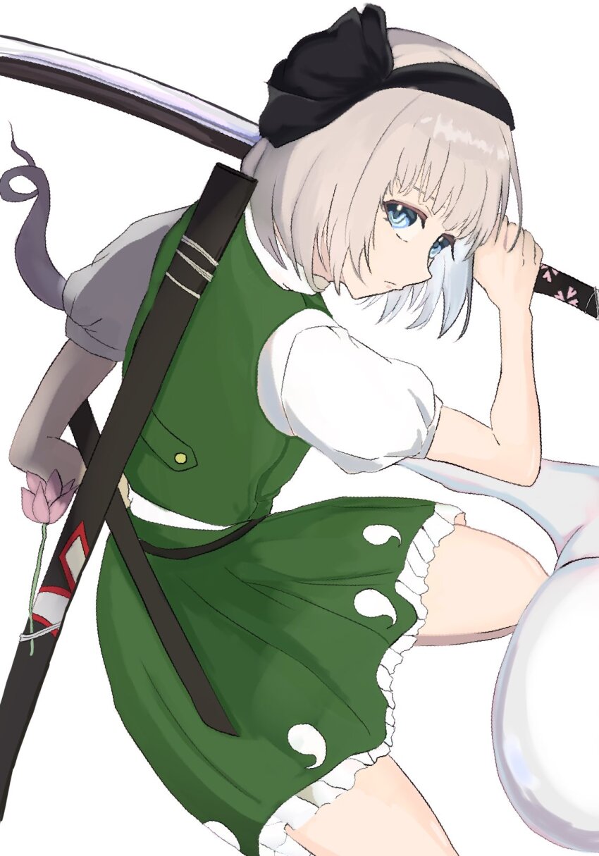 1girl black_bow black_hairband blue_eyes bow bow_hairband commentary frilled_skirt frills green_shirt green_skirt hairband highres hitodama hitodama_print holding holding_sword holding_weapon katana konpaku_youmu konpaku_youmu_(ghost) looking_at_viewer min122309 puffy_short_sleeves puffy_sleeves sheath shirt short_hair short_sleeves simple_background skirt solo sword touhou weapon white_background white_hair