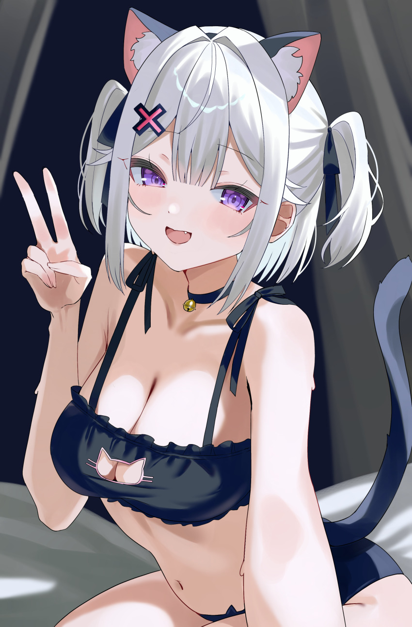 1girl absurdres animal_ears bare_arms bare_shoulders black_bra black_choker bra breasts cat_cutout cat_ears cat_lingerie cat_tail choker cleavage cleavage_cutout clothing_cutout commentary extra_ears frilled_bra frills hair_ornament hair_ribbon hand_up highres looking_at_viewer medium_breasts navel open_mouth original purple_eyes ribbon short_hair smile solo string_bra symbol-only_commentary tail tillots two_side_up underwear v white_hair x_hair_ornament yuki-chan_(tillots)