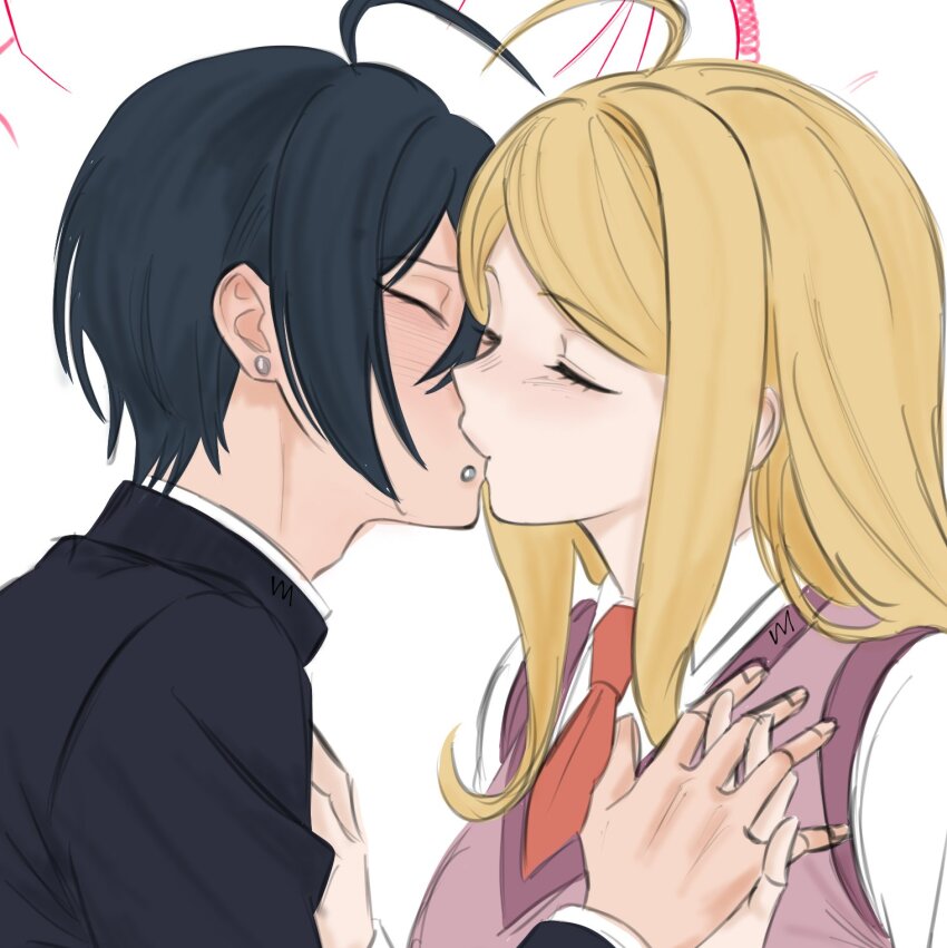 1boy 1girl ahoge akamatsu_kaede black_hair black_jacket blonde_hair blush closed_eyes danganronpa_(series) danganronpa_v3:_killing_harmony face_piercing hand_up hetero highres interlocked_fingers jacket kiss long_hair mouth_piercing necktie piercing pink_sweater_vest red_necktie saihara_shuichi shirt simple_background smile sweater_vest veggiemist white_background white_shirt