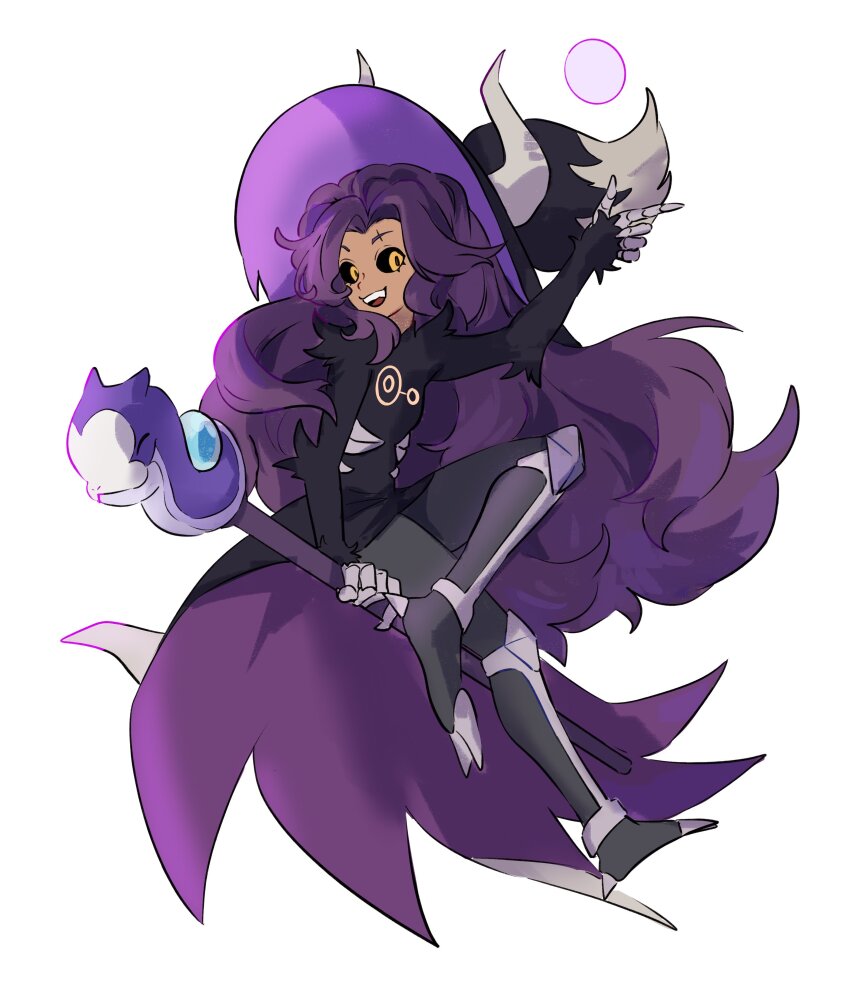 1girl absurdres black_fur black_sclera claws colored_sclera demon_girl demon_horns eyebrow_cut highres horns horns_through_headwear long_hair luz_noceda luz_noceda_(titan) mage_staff oe_(yamifuti) purple_hair simple_background staff staff_riding stringbean_(the_owl_house) the_owl_house very_long_hair yellow_eyes