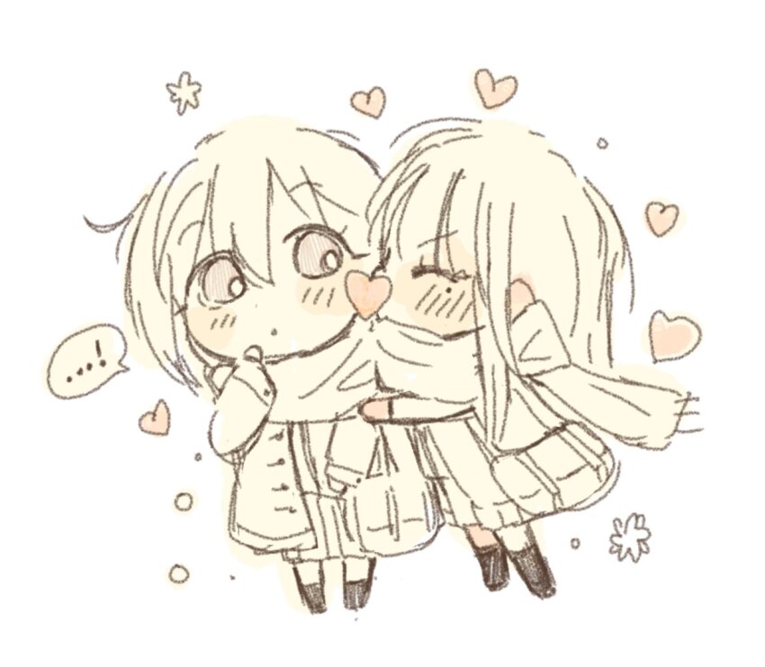 ! 2girls bang_dream! bang_dream!_it&#039;s_mygo!!!!! chap55al chibi chibi_only coat commentary_request heart jacket korean_commentary mole mole_under_eye multiple_girls scarf shiina_taki spoken_exclamation_mark takamatsu_tomori yuri
