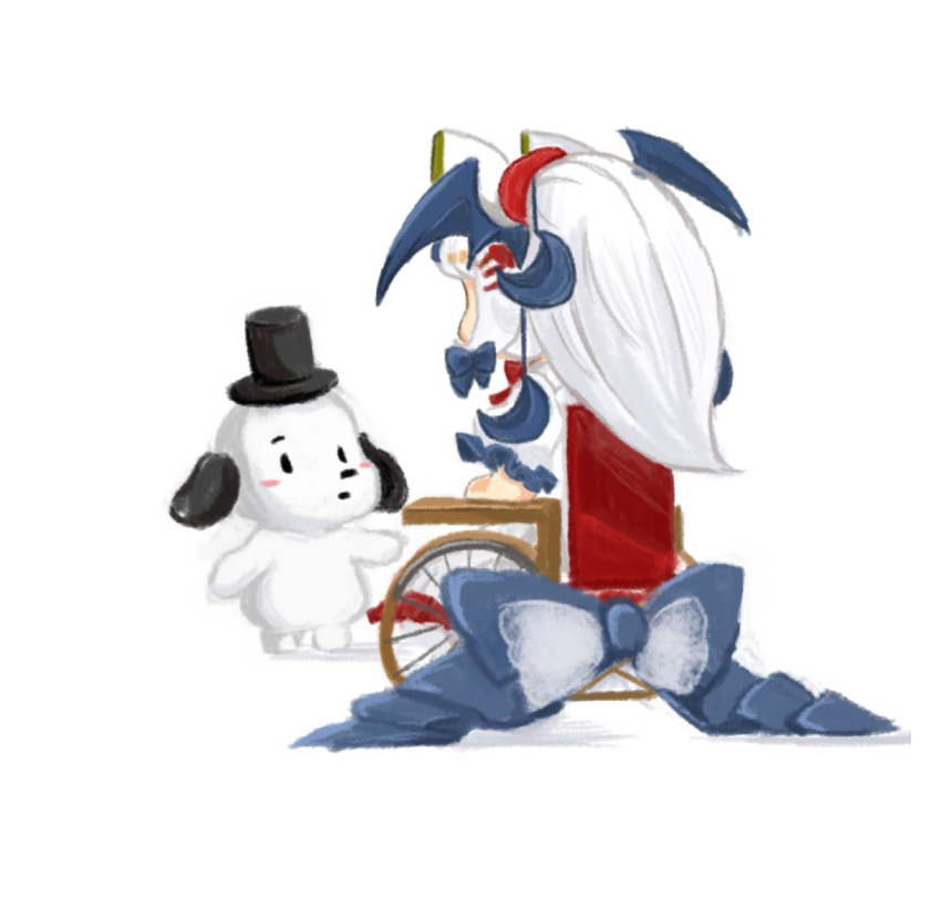 1boy 1girl animal_ears bad_id bad_twitter_id blue_ribbon dog dress from_behind hat head_wings ponytail ribbon sakusakusalmon2 top_hat towelket_wo_mou_ichido uikechuke_nattsuri_kokonattsui_kanparakanparaparaparapi wanko_(towelket) wheelchair white_background white_dress white_hair wings yorumorukimiri