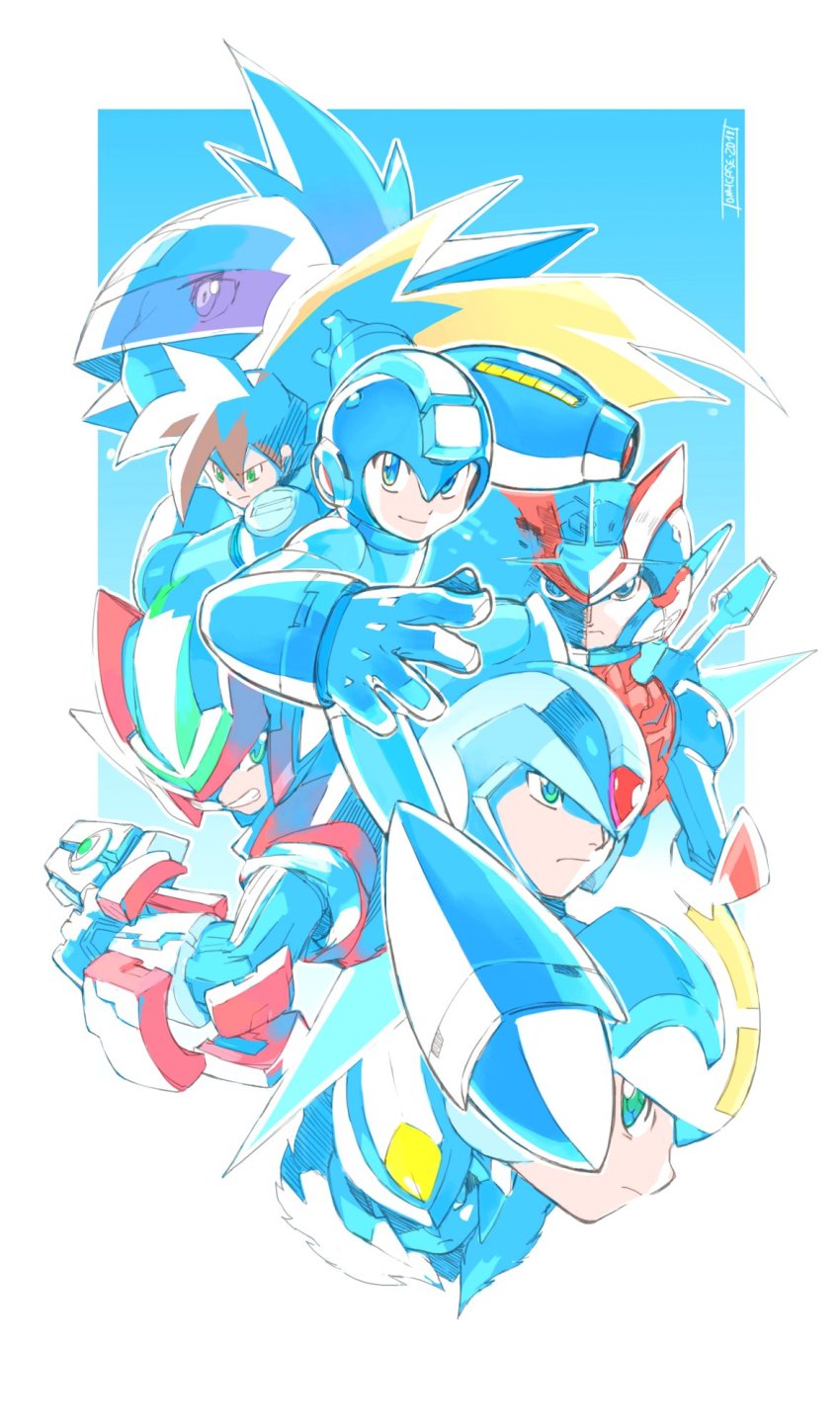 6+boys android arm_cannon blonde_hair blue_eyes blue_helmet border capcom clenched_teeth commentary geo_stelar_(mega_man) green_eyes gun helmet highres long_hair male_focus mega_man_(character) mega_man_(classic) mega_man_(series) mega_man_battle_network mega_man_battle_network_(series) mega_man_star_force_(series) mega_man_x_(series) mega_man_zero_(series) megaman.exe multiple_boys netnavi over-1_(mega_man) red_helmet rockman_xover serious signature smile spiked_hair teeth tomycase visor weapon white_border x_(mega_man) zero(z)_(mega_man) zero_(mega_man)