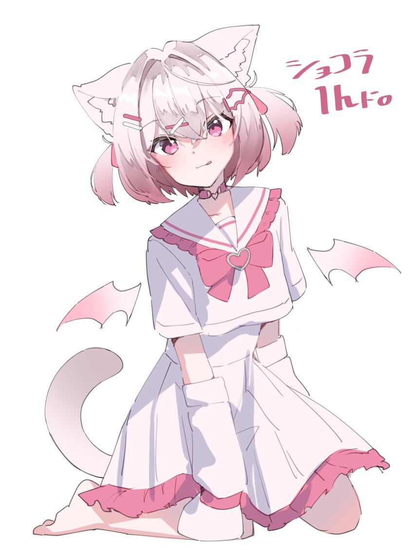1girl :p :q animal_ear_fluff animal_ears arm_warmers barefoot bat_wings blush bow bowtie brooch cat_ears cat_girl cat_tail character_name choker closed_mouth colored_tips detached_sleeves detached_wings dress frilled_dress frilled_sailor_collar frills full_body gradient_hair hair_between_eyes hair_intakes hair_ornament hair_ribbon hairclip head_tilt heart heart_brooch heart_choker heart_collar heart_hair_ornament highres jewelry kneeling looking_at_viewer medium_hair mini_wings multicolored_hair o-ring o-ring_choker pink_bow pink_bowtie pink_choker pink_eyes pink_hair pink_sailor_collar pink_tail pink_wings ribbon sailor_collar sailor_dress school_uniform serafuku shirt short_hair short_sleeves short_twintails simple_background sitting six_box skirt sleeves_past_fingers sleeves_past_wrists smile solo tail tongue tongue_out twintails two_side_up vrchat wariza white_background white_choker white_dress white_hair white_sailor_collar white_serafuku white_shirt white_skirt wings x_hair_ornament