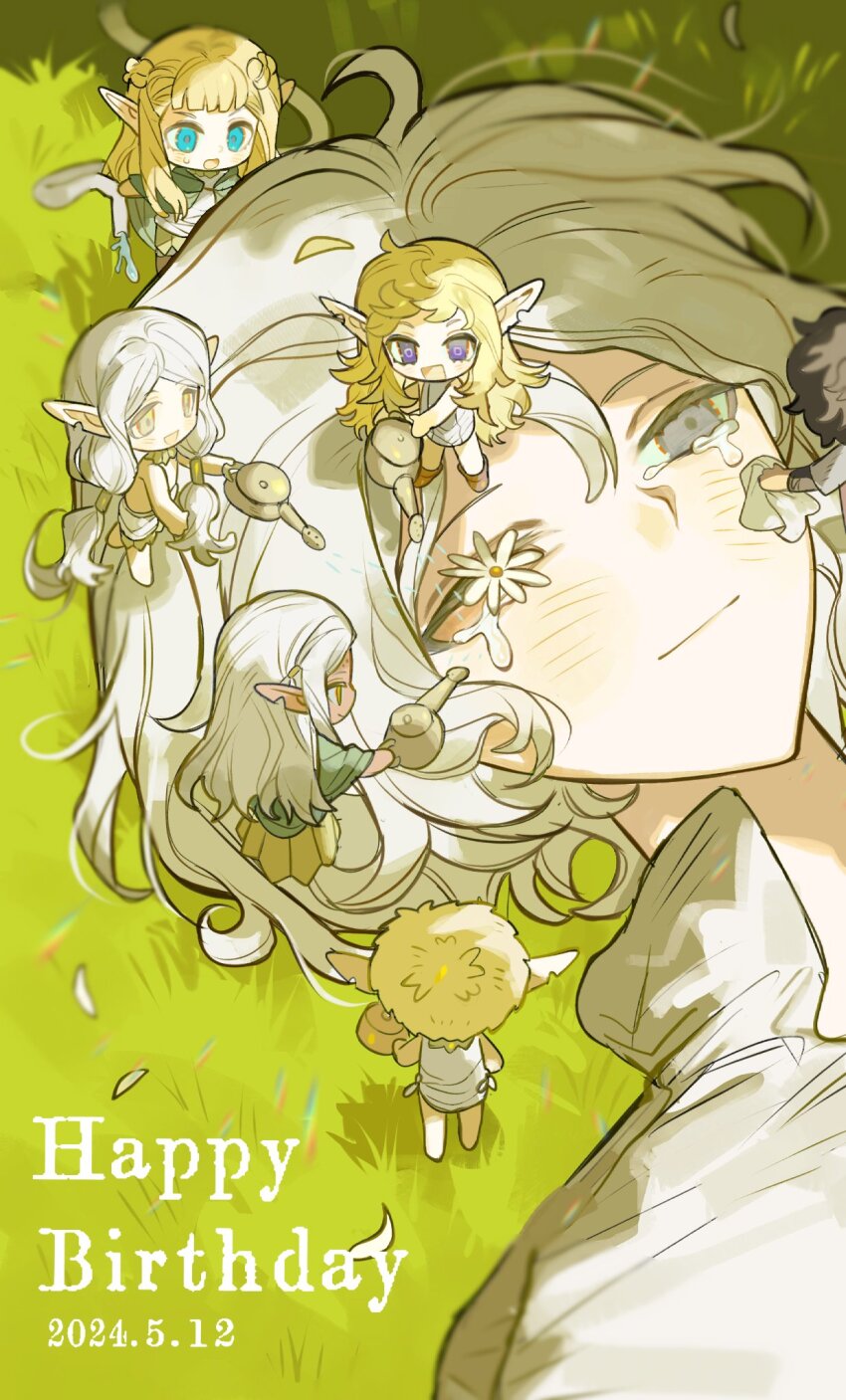 1boy alternate_species androgynous blonde_hair blue_eyes cithis cloak crying crying_with_eyes_open dark_skin dungeon_meshi elf fleki flower_in_eye gorget green_cloak grey_eyes grey_hair happy_tears highres kabru long_hair lycion mithrun notched_ear otta_(dungeon_meshi) pattadol pointy_ears purple_eyes shirt short_hair smile symbol_in_eye tearing_up tears tunic uneven_eyes watering_can wiping_tears wo_yao_chifan yellow_eyes