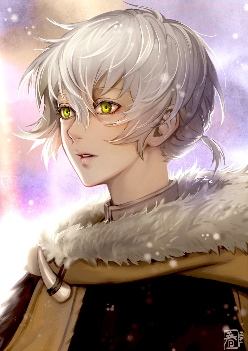 1boy cloak fumetsu_no_anata_e fur_collar hair_between_eyes halu-ca highres looking_to_the_side low_ponytail male_focus parted_lips ponytail scarf short_hair short_ponytail signature snowing solo the_nameless_boy_(fumetsu_no_anata_e) upper_body white_hair yellow_eyes yellow_scarf