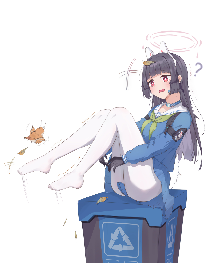 1girl ? absurdres animal_ears arrow_(symbol) bird black_gloves black_hair blue_archive blue_serafuku blue_skirt collar feet_up gloves green_neckerchief halo highres kamory leaf leaf_on_head long_hair miyu_(blue_archive) neckerchief open_mouth pantyhose rabbit_ears recycling_symbol red_eyes school_uniform serafuku simple_background sitting skirt solo trash_can white_background white_halo white_pantyhose