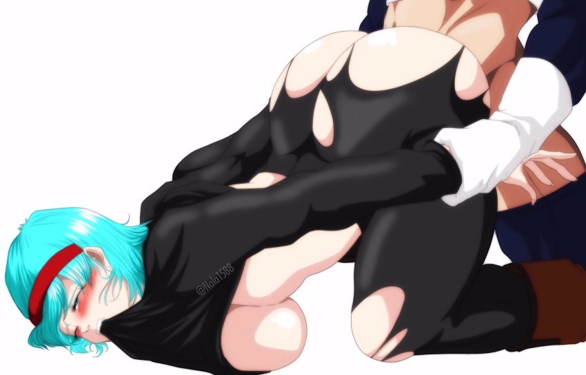1boy 1girl blue_eyes blue_hair blush bulma dragon_ball dragonball_z highres nala1588 simple_background tagme vegeta