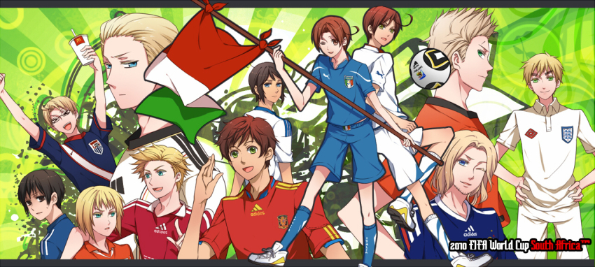 &gt;_&lt; 10s 2010 2010_fifa_world_cup 6+boys adidas america_(hetalia) axis_powers_hetalia ball closed_eyes clothes_writing cup denmark_(hetalia) flag france_(hetalia) germany_(hetalia) greece_(hetalia) in_kai italian_flag jabulani japan_(hetalia) male_focus mcdonald&#039;s multiple_boys netherlands_(hetalia) nike_(company) northern_italy_(hetalia) one_eye_closed cougar puma_(brand) soccer soccer_ball southern_italy_(hetalia) spain_(hetalia) sportswear switzerland_(hetalia) umbro united_kingdom_(hetalia) wink world_cup