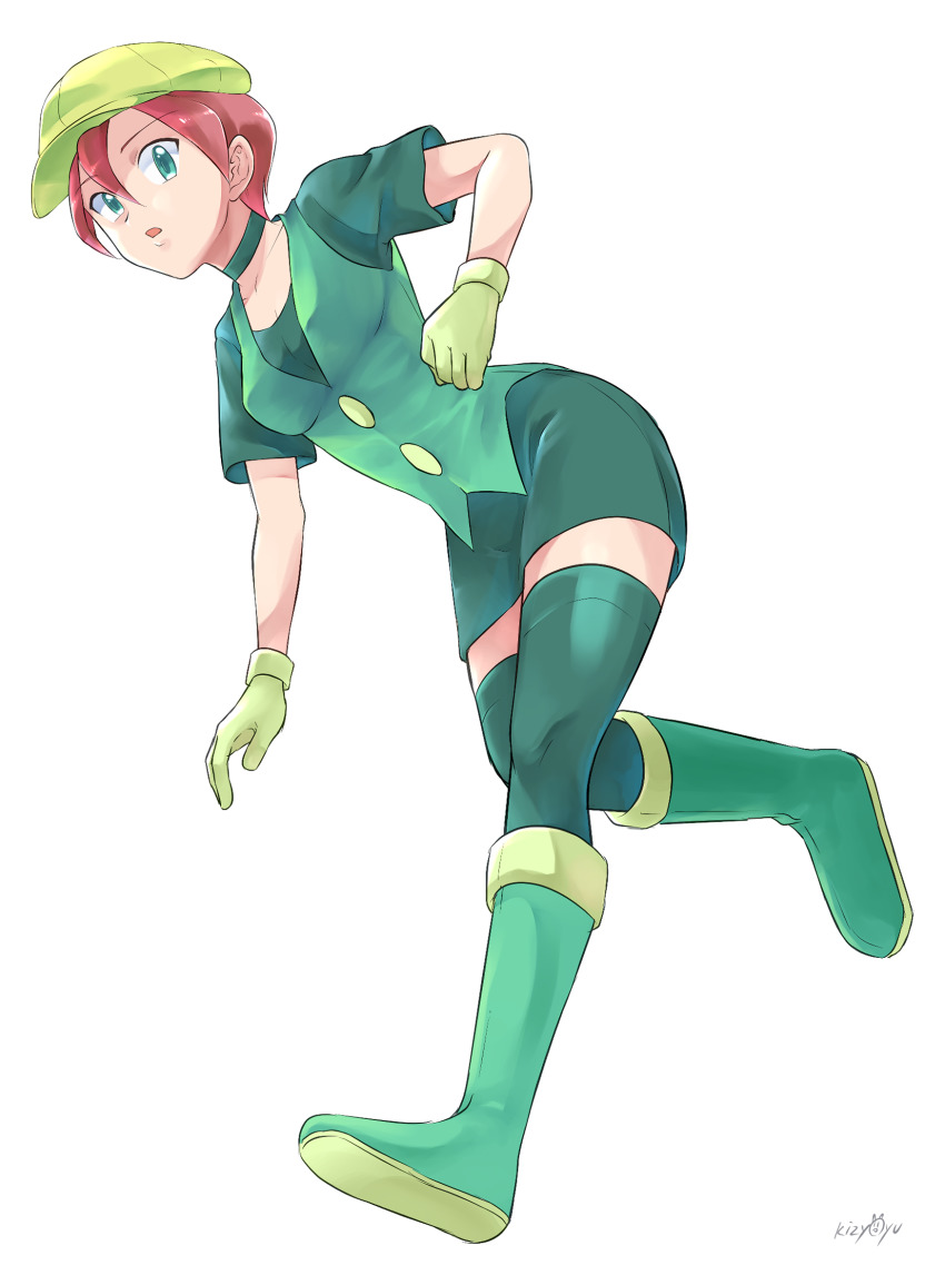 1girl boots breasts choker collarbone commentary_request female_focus full_body game_freak georgia_(pokemon) gloves green_boots green_choker green_eyes green_hat green_thighhighs green_vest hair_between_eyes hat highres kijouyu looking_at_viewer nintendo pokemon pokemon_(anime) pokemon_bw_(anime) short_hair short_sleeves signature simple_background solo thighhighs vest white_background