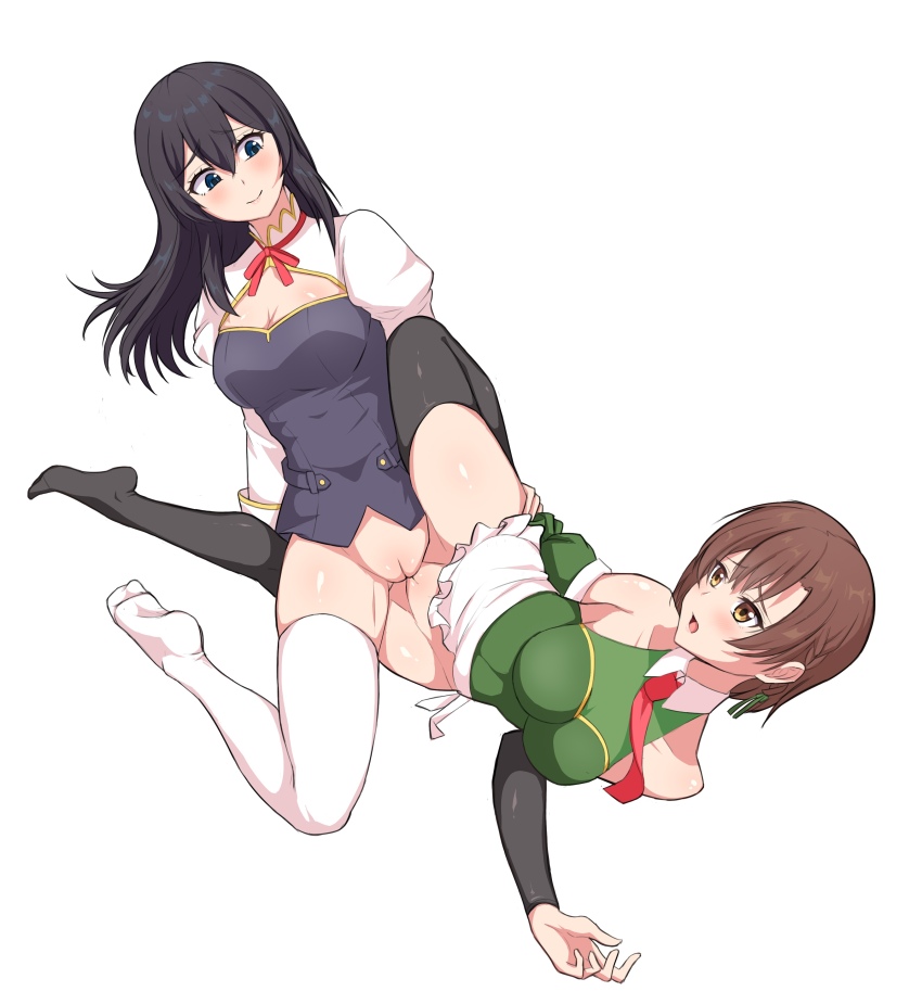 2girls absurdres ahegao alice_stalgia black_footwear black_hair blue_eyes breasts brown_hair highres kurumi_uff08artistuff09 lola lola_metrose long_hair maid medium_breasts multiple_girls open_mouth ore_dake_haireru_kakushi_dungeon scissors short_hair skirt thighhighs tribadism white_footwear yellow_eyes yuri