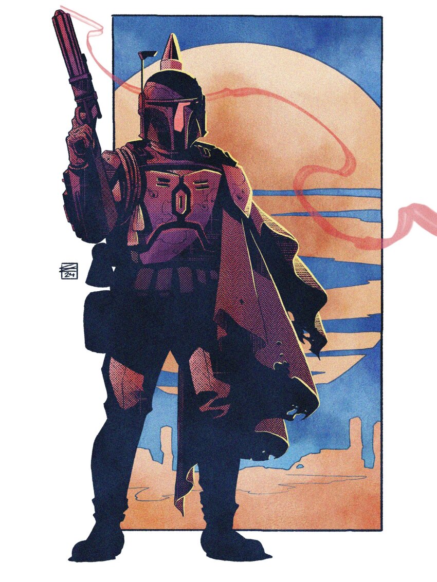 1boy armor blue_sky boba_fett colin_craker full_body gun highres holding holding_gun holding_weapon looking_at_viewer mandalorian mandalorian_armor mandalorian_helmet moon sky smoke smoking_barrel solo star_wars weapon