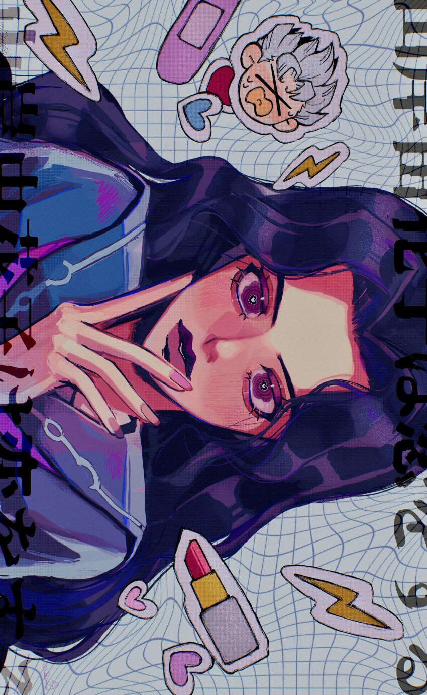 &gt;_&lt; 1boy 1girl :d &gt;_&lt; absurdres chibi chibi_inset commentary_request cosmetics diamond_wa_kudakenai heart highres hirose_koichi jojo_no_kimyou_na_bouken lipstick_tube long_hair natchan_blue_(nanairopenki) open_mouth portrait purple_eyes purple_hair purple_lips sideways smile wavy_hair xd yamagishi_yukako