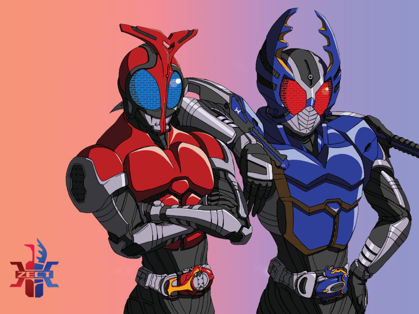 2boys belt bodysuit buckle hand_on_own_hip horns kamen_rider kamen_rider_gatack kamen_rider_kabuto kamen_rider_kabuto_(series) multiple_boys red_eyes solaris_x2 upper_body