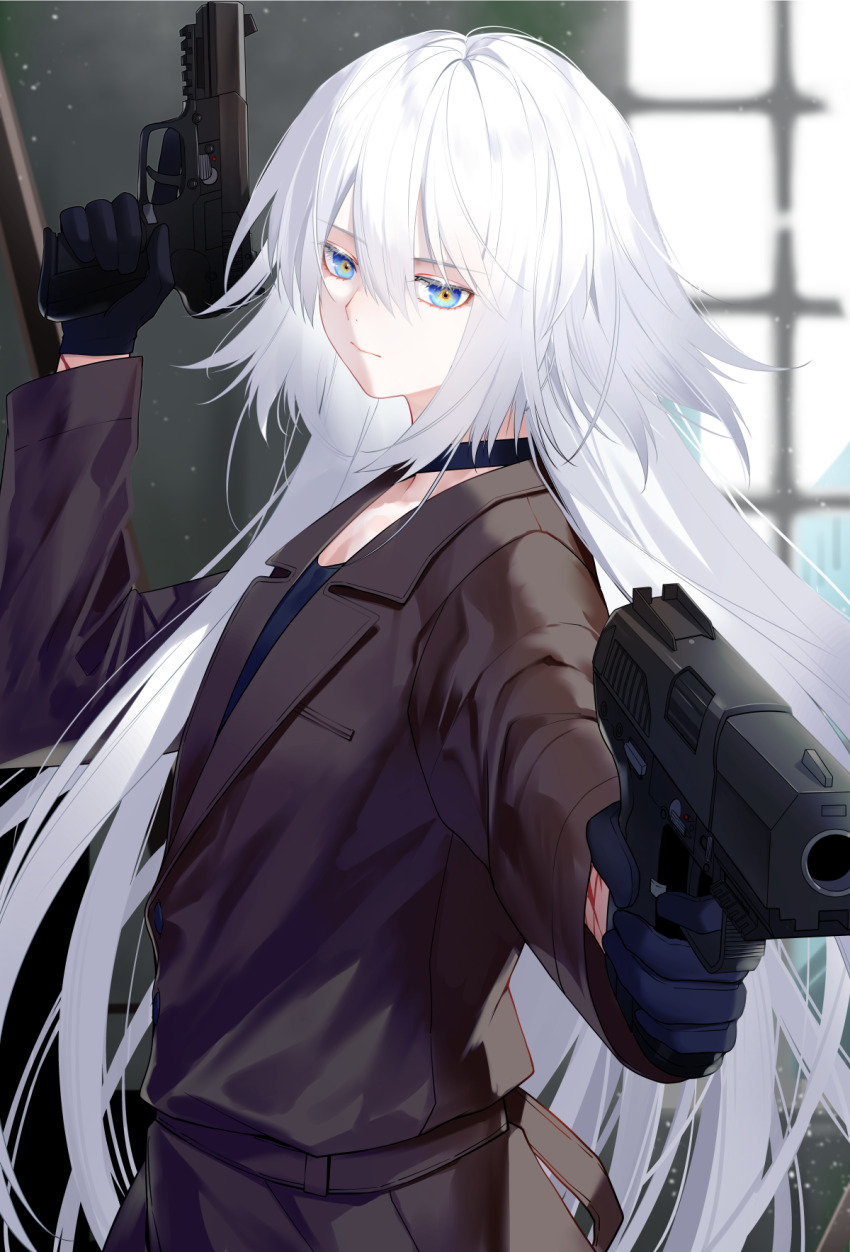 1girl aiming black_choker black_gloves black_shirt blue_eyes blurry blurry_background brown_coat choker closed_mouth coat commentary_request dual_wielding fn_five-seven from_side gloves gun hair_between_eyes handgun highres holding holding_gun holding_weapon indoors long_hair looking_at_viewer multicolored_eyes original pdw-caliber_pistol shirt solo upper_body very_long_hair waka_(shark_waka) weapon white_hair window yellow_pupils