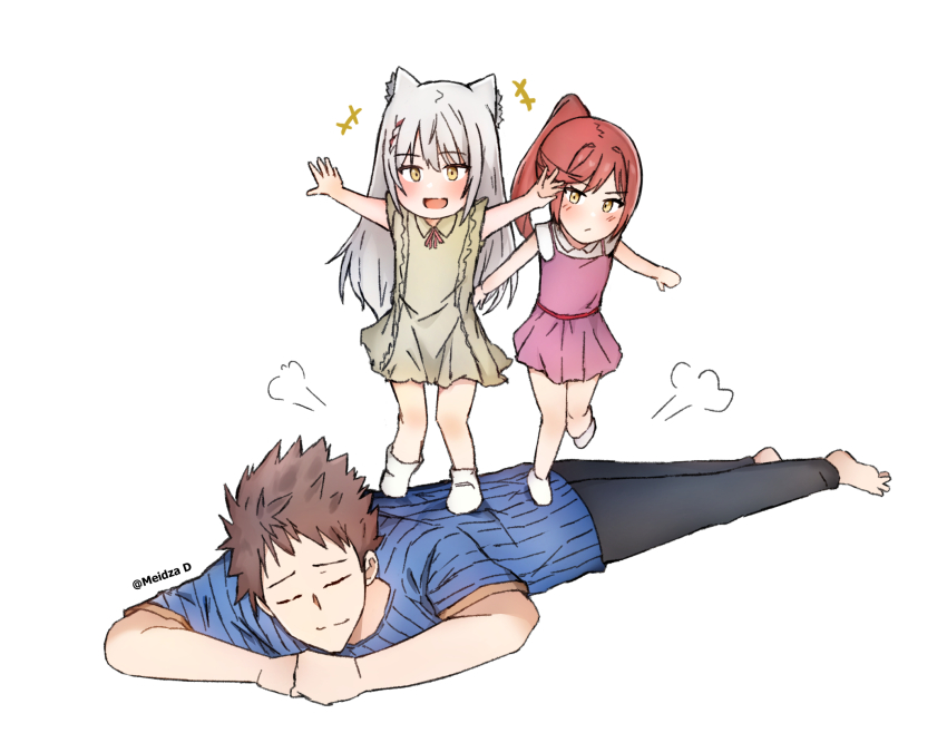 1boy father_and_daughter glimmer_(xenoblade) half-siblings highres massage meidza_d mio_(xenoblade) multiple_girls rex_(xenoblade) siblings simple_background sisters white_background xenoblade_chronicles_(series) xenoblade_chronicles_2 xenoblade_chronicles_3 xenoblade_chronicles_3:_future_redeemed