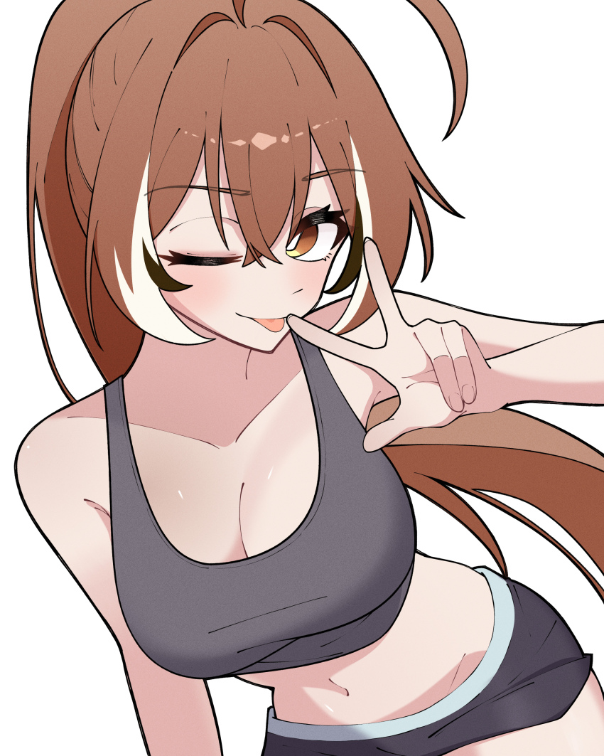 1girl absurdres aeulos357 alternate_costume black_shoes black_shorts black_tank_top breasts bright_pupils brown_eyes brown_hair butterfly_sitting casual choker closed_mouth collarbone dolphin_shorts highres hololive hololive_english large_breasts leaning_forward long_hair looking_at_viewer midriff multicolored_hair nanashi_mumei navel one_eye_closed shoes shorts simple_background sitting smile solo streaked_hair tank_top tongue virtual_youtuber w white_background white_pupils
