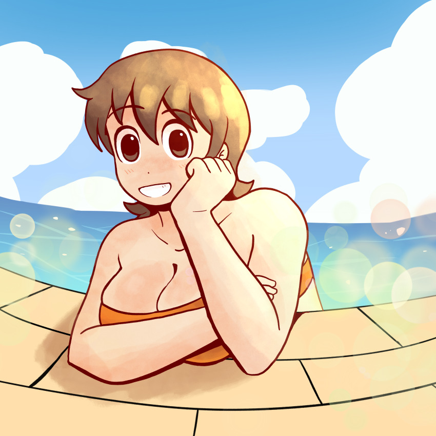 1girl absurdres aioi_yuuko bra breasts brown_eyes brown_hair cleavage closed_mouth cloud collarbone dot_nose dozo_gon hand_on_own_cheek hand_on_own_face happy highres huge_breasts light_particles looking_at_viewer nichijou orange_bra pool short_hair sky smile sports_bra teeth underwear water