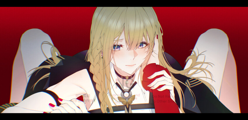 2girls armpits astra_yao between_legs black_jacket blonde_hair blush braid chromatic_aberration closed_mouth commentary english_commentary evelyn_chevalier female_pov hair_down hand_on_another&#039;s_face highres holding_another&#039;s_wrist holding_hands interlocked_fingers jacket long_hair looking_at_viewer multiple_girls pov purple_eyes red_background red_nails side_braid sieka_(piiroinardesco) smile watermark yuri zenless_zone_zero