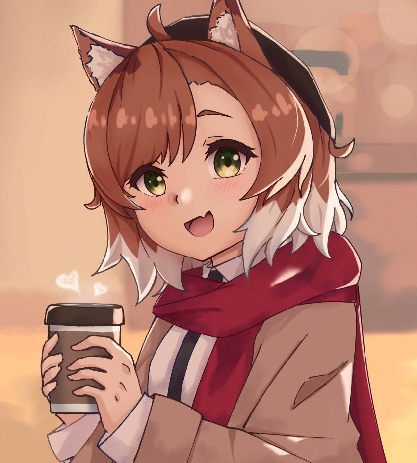 1girl animal_ears arknights black_hat black_necktie blush brown_coat cat_ears cat_girl coat collared_shirt commentary cup english_commentary green_eyes hat highres holding holding_cup long_sleeves looking_at_viewer mousse_(arknights) mousse_(campfire_cooking_smoke)_(arknights) necktie official_alternate_costume open_clothes open_mouth orange_hair red_scarf scarf shirt short_hair shura_(shura_cs) smile solo upper_body white_hair white_shirt