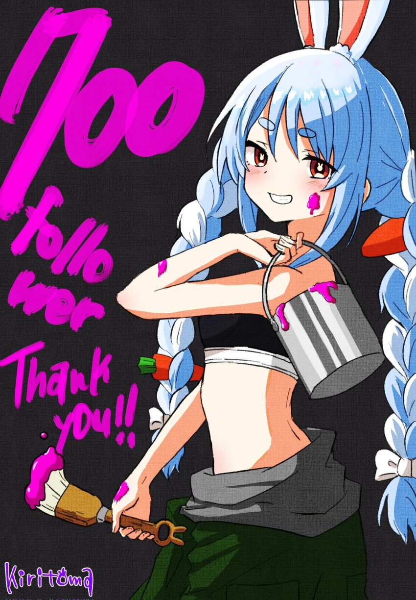 1girl animal_ear_fluff animal_ears bare_arms bare_shoulders black_background blue_hair bow braid breasts bucket carrot_hair_ornament commentary_request food-themed_hair_ornament from_side green_jumpsuit grin hair_between_eyes hair_bow hair_ornament highres holding holding_bucket holding_paintbrush hololive jumpsuit jumpsuit_around_waist kiritoma looking_at_viewer looking_to_the_side milestone_celebration multicolored_hair paint_can paintbrush rabbit-shaped_pupils rabbit_ears red_eyes short_eyebrows signature simple_background small_breasts smile solo symbol-shaped_pupils thank_you thick_eyebrows twin_braids twintails two-tone_hair usada_pekora virtual_youtuber white_bow white_hair