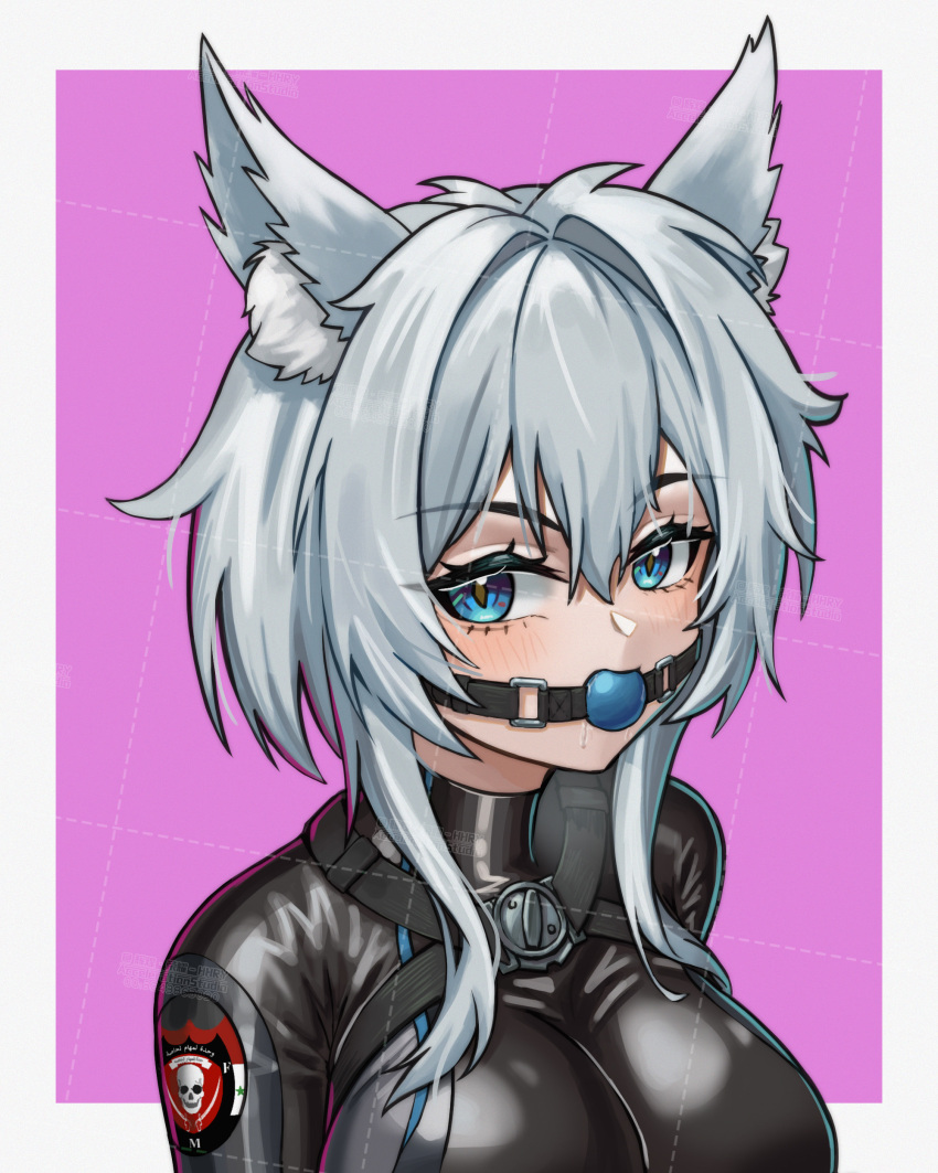 1girl absurdres animal_ears ball_gag bodysuit breasts gag gagged grey_hair highres huihuang_rongyao large_breasts latex latex_bodysuit long_hair looking_at_viewer original sidelocks skin_tight