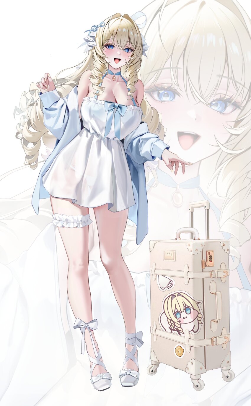 1girl absurdres alternate_costume blonde_hair blue_eyes breasts cleavage crown_(nikke) doro_(nikke) dress drill_hair drill_sidelocks frilled_thigh_strap full_body goddess_of_victory:_nikke highres large_breasts long_hair rolling_suitcase shoes sidelocks solo suitcase thigh_strap uyuri_(89976220) very_long_hair white_background white_dress white_shoes zoom_layer