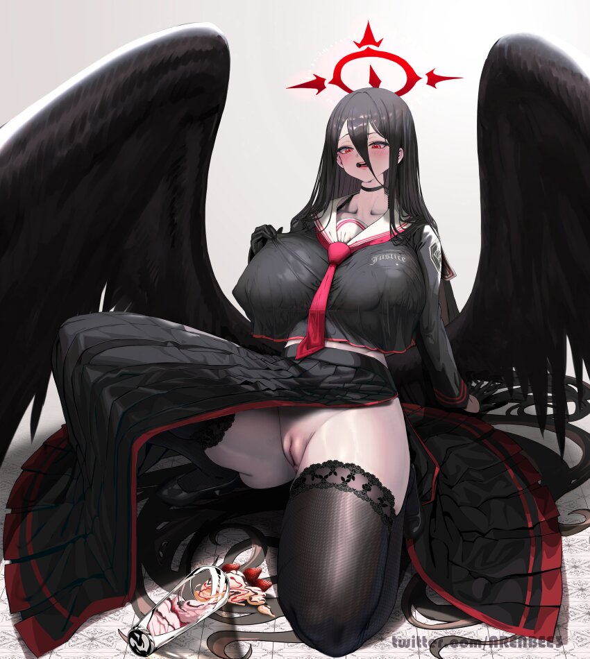 1girl @_@ absurdres arenbee between_breasts black_choker black_gloves black_hair black_shirt black_shoes black_skirt black_thighhighs black_wings blue_archive blush bra_strap breasts choker covered_erect_nipples fallen_down feathered_wings food food_on_floor gloves gluteal_fold hair_between_eyes halo hand_on_own_chest hasumi_(blue_archive) highres huge_breasts lace lace-trimmed_thighhighs lace_trim long_hair long_skirt midriff_peek mole mole_under_eye necktie necktie_between_breasts no_panties open_mouth parfait pussy red_eyes sad sailor_collar school_uniform shirt shoes sitting skirt skirt_aside solo spill sweat thighhighs very_long_hair wet white_background wings