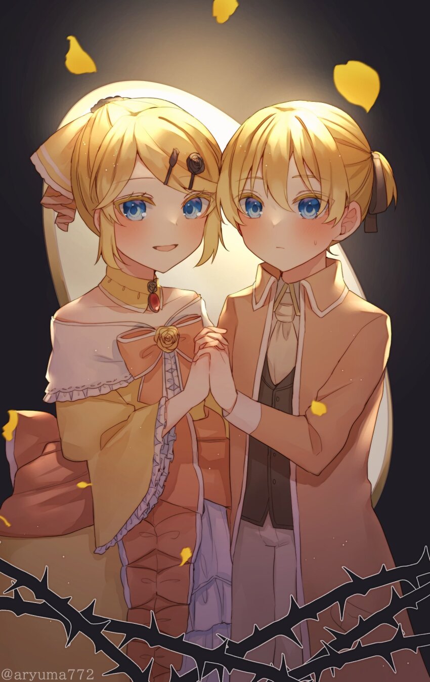 1boy 1girl aku_no_meshitsukai_(vocaloid) aku_no_musume_(vocaloid) allen_avadonia aryuma772 ascot bare_shoulders blonde_hair blue_eyes bow brooch choker collarbone collared_jacket collared_shirt colored_eyelashes dress dress_bow dress_flower dress_ribbon evillious_nendaiki falling_petals flower four_mirrors_of_lucifenia frilled_dress frilled_sleeves frills gem hair_between_eyes hair_bow hair_ornament hair_ribbon hairclip high_ponytail highres holding interlocked_fingers jacket jewelry kagamine_len kagamine_rin looking_at_viewer mirror off-shoulder_dress off_shoulder open_mouth orange_bow orange_jacket orange_ribbon petals petticoat ponytail red_gemstone ribbon riliane_lucifen_d&#039;autriche rose rose_petals shirt short_ponytail sidelocks sideways_glance smile sweatdrop swept_bangs thorns twitter_username updo vessel_of_sin vocaloid white_ascot white_shirt wide_sleeves yellow_bow yellow_choker yellow_dress yellow_flower yellow_rose
