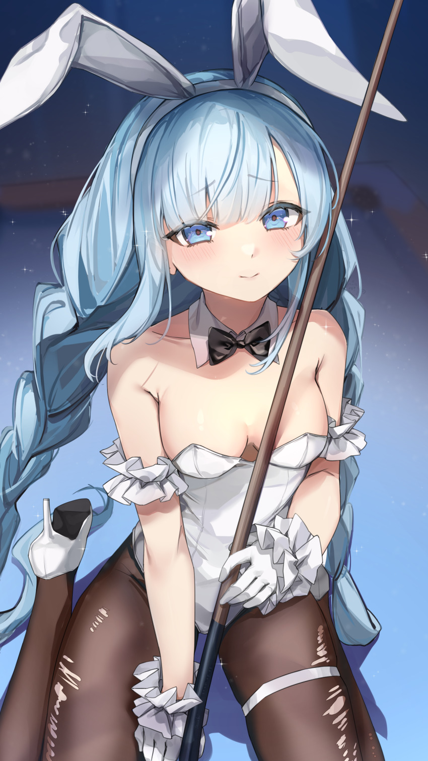 1girl absurdres animal_ears azur_lane bare_shoulders blue_eyes blue_hair blush braid breasts detached_collar from_above gloves high_heels highres holding_cue_stick janus_(a_lesson_in_billiards)_(azur_lane) janus_(azur_lane) leotard long_hair looking_at_viewer looking_up medium_breasts on_table pantyhose playboy_bunny pool_table rabbit_ears sitting skindentation smile solo strapless strapless_leotard table tanoki233 thigh_strap thighs torn_clothes torn_pantyhose twin_braids twintails very_long_hair white_gloves white_leotard