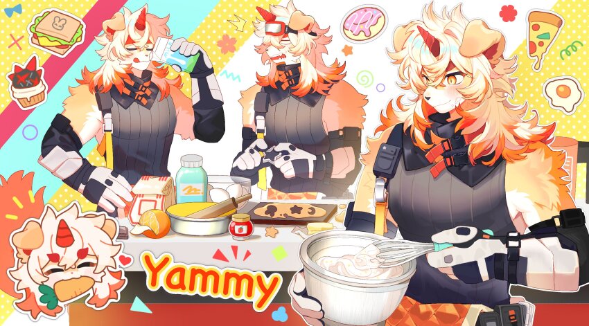 1boy arknights artist_request blush closed_eyes colored_tips commentary_request english_text engrish_text furry furry_male gloves goggles goggles_on_head highres horns hung_(arknights) komainu_boy komainu_ears komainu_tail male_focus multicolored_hair multiple_views open_mouth orange_eyes ranguage second-party_source single_horn smile surprised