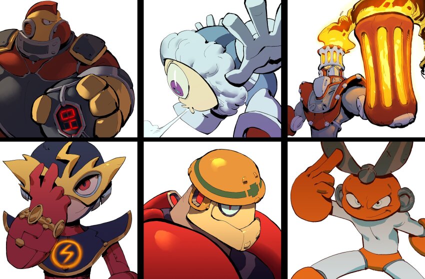 6+boys android arm_cannon bomb bomb_man breath_weapon breathing_ice cut_man elec_man evil_smile explosive fire fire_man garrett_hanna guts_man hand_on_headwear hard_hat helmet highres holding holding_bomb humanoid_robot ice_man looking_at_viewer male_focus mega_man_(classic) mega_man_(series) mega_man_1 multiple_boys parka purple_eyes red_eyes redesign robot smile weapon