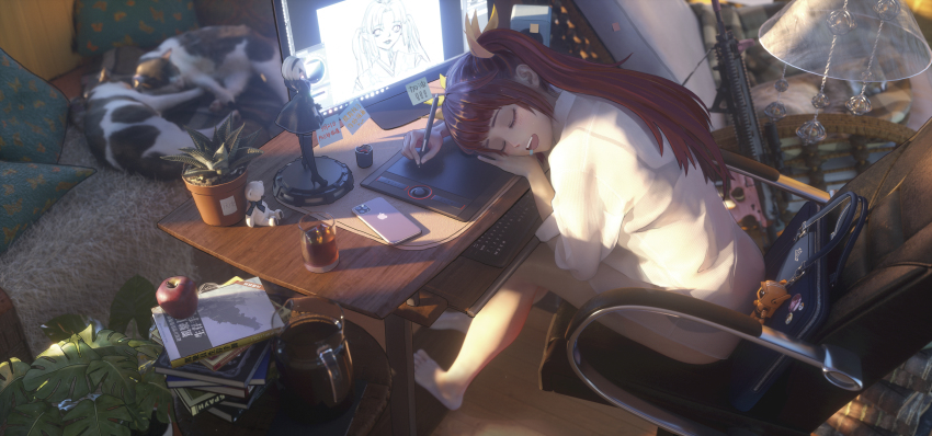 1girl 2b_(nier:automata) 3d absurdres assault_rifle bag barefoot black_bra black_panties book book_stack bra cat chair closed_eyes collared_shirt computer computer_keyboard cup drawing_tablet dress_shirt drinking_glass drooling female_focus figure gun hair_ribbon highres holding holding_stylus long_hair long_sleeves mixed_media monitor nier:automata nier_(series) office_chair open_mouth original panties photo_background plant potted_plant red_hair ribbon rifle school_bag school_uniform serafuku shirt sleeping solo sticky_note stylus swivel_chair tea teapot underwear weapon white_shirt yellow_ribbon z-ao