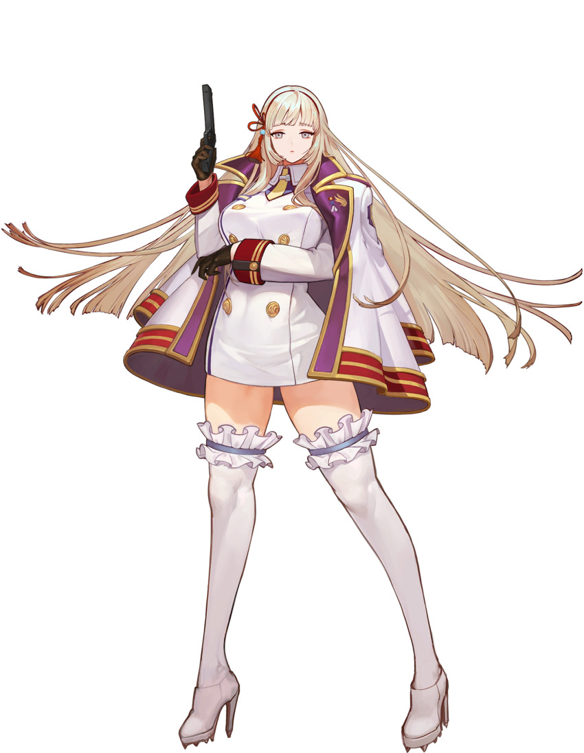 1girl blonde_hair blue_eyes boots breasts brown_gloves buttons chinese_knot collar dress floating frilled_thighhighs frills full_body game_cg gloves groin_tendon gun hairband handgun high_heel_boots high_heels highres holding holding_gun holding_weapon jacket jacket_on_shoulders large_breasts last_origin leona_of_blood_&amp;_iron long_hair looking_at_viewer military military_uniform necktie official_art rorobomb short_dress solo spiked_boots standing tachi-e thigh_boots thighhighs transparent_background very_long_hair weapon white_boots white_collar white_dress white_jacket white_thighhighs yellow_necktie zettai_ryouiki