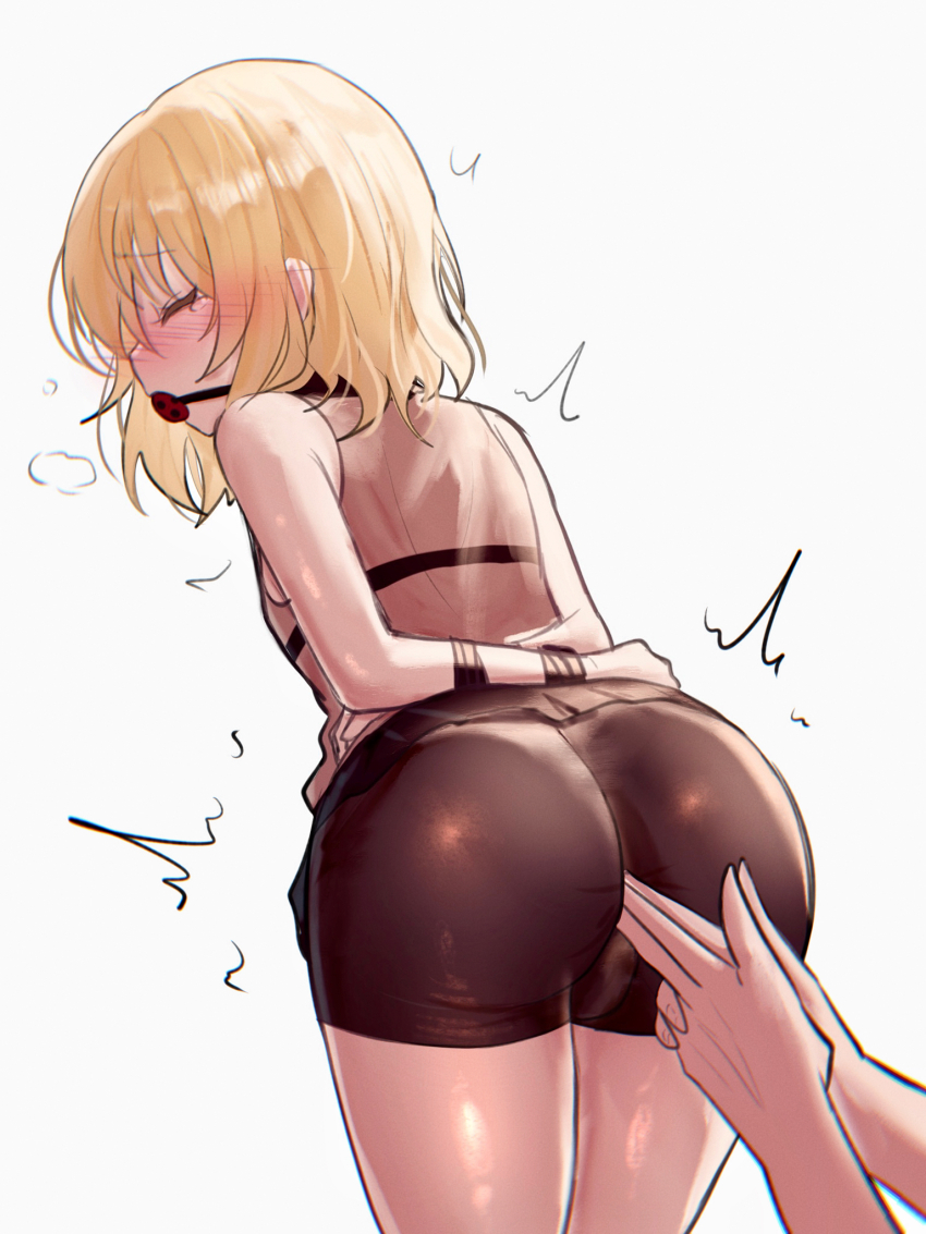 1boy 1other arms_behind_back ass azulasi ball_gag bike_shorts black_ribbon blonde_hair blush bound bound_arms bridget_(guilty_gear) brown_shirt bulge closed_eyes commentary commentary_request commission cowboy_shot english_commentary erection erection_under_clothes from_behind full-face_blush gag gagged guilty_gear guilty_gear_strive hair_between_eyes highres kanchou leaning_forward medium_hair mixed-language_commentary motion_lines pixiv_commission ribbon shirt sidelocks sleeveless sleeveless_shirt solo_focus tearing_up thighs trap wiffle_gag