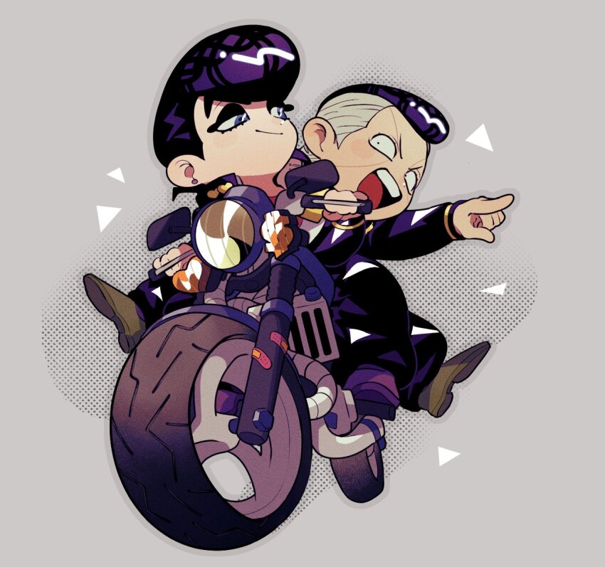 2boys bandaid black_hair blue_eyes brown_shoes chibi chibi_only commentary_request diamond_wa_kudakenai dollar_sign gakuran grey_background higashikata_josuke highres jojo_no_kimyou_na_bouken male_focus merchandise_available motor_vehicle motorcycle multiple_boys nijimura_okuyasu on_motorcycle open_mouth pointing pompadour riding school_uniform shoes smile tirauraja undercut