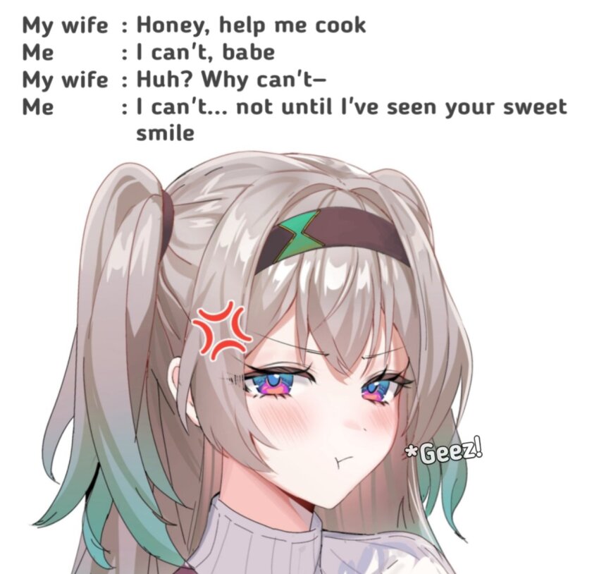1girl :t aqua_hair devl_ga_aru english_text firefly_(honkai:_star_rail) gradient_hair grey_hair hair_intakes highres honkai:_star_rail honkai_(series) multicolored_eyes multicolored_hair pout simple_background solo two-tone_eyes upper_body white_background