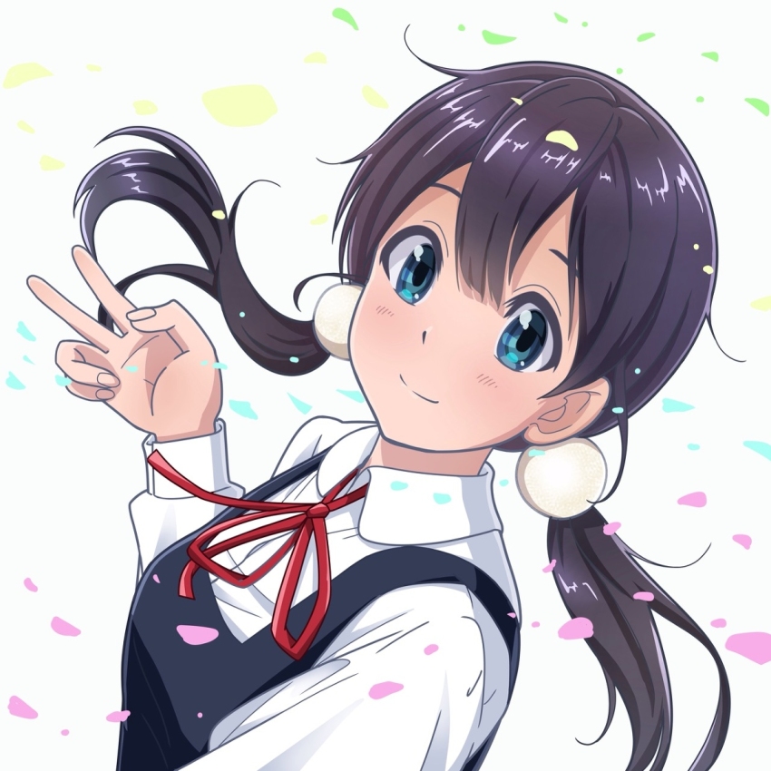 1girl black_hair blue_eyes closed_mouth dot_nose feet_out_of_frame female_focus hair_between_eyes highres kitashirakawa_tamako long_hair long_sleeves looking_at_viewer school_uniform smile solo standing tamako_market upper_body v white_background