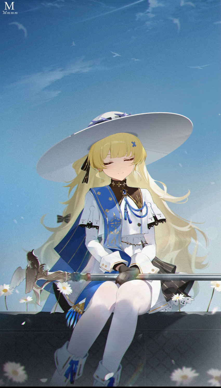 1girl absurdres black_gloves blonde_hair blue_sash blue_sky boots chromatic_aberration closed_eyes closed_mouth commentary day gloves hair_ornament hat highres holding holding_staff lalacz long_hair long_sleeves outdoors pantyhose phoebe_(wuthering_waves) sash shirt sitting skirt sky smile solo staff white_boots white_hat white_pantyhose white_shirt white_skirt wuthering_waves x_hair_ornament