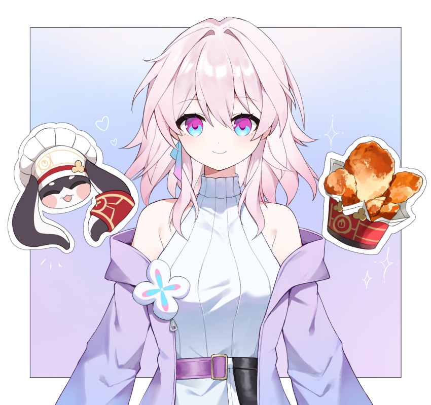1girl blue_background blue_eyes chicken_(food) food fried_chicken gradient_background hair_intakes highres honkai:_star_rail honkai_(series) jacket looking_at_viewer march_7th_(honkai:_star_rail) medium_hair multicolored_eyes nirako_mona off_shoulder official_alternate_costume open_clothes open_jacket pink_background pink_hair pom-pom_(honkai:_star_rail) purple_eyes purple_jacket ribbed_sweater sleeveless sleeveless_turtleneck smile sweater turtleneck two-tone_eyes upper_body white_sweater