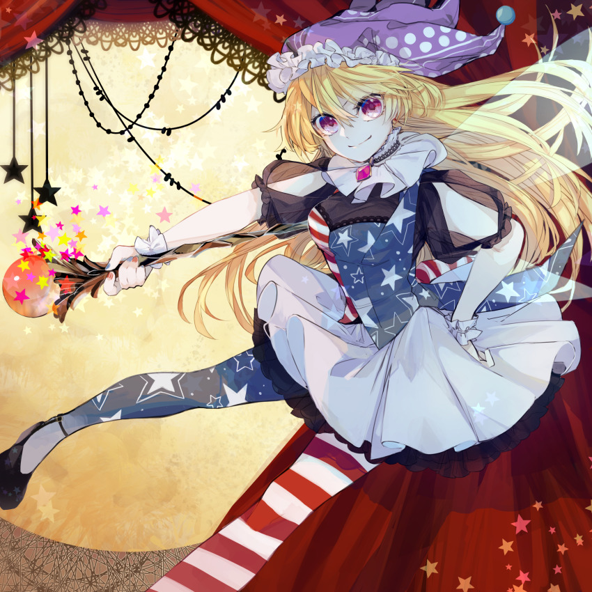 1girl adapted_costume arm_cutout black_footwear black_shirt blonde_hair blue_leggings blue_shirt brooch closed_mouth clownpiece commentary_request curtains fairy_wings foot_out_of_frame frilled_headwear frilled_sleeves frills gem hair_between_eyes hand_on_own_hip hat highres holding jester_cap jewelry leggings long_hair looking_at_viewer moon multicolored_leggings multicolored_shirt neck_ruff orb petticoat purple_eyes purple_gemstone purple_hat red_leggings red_shirt sakuro_(kokutousasasa) shirt skirt smile solo star_(symbol) star_print striped_leggings touhou white_leggings white_shirt white_skirt wings wrist_cuffs