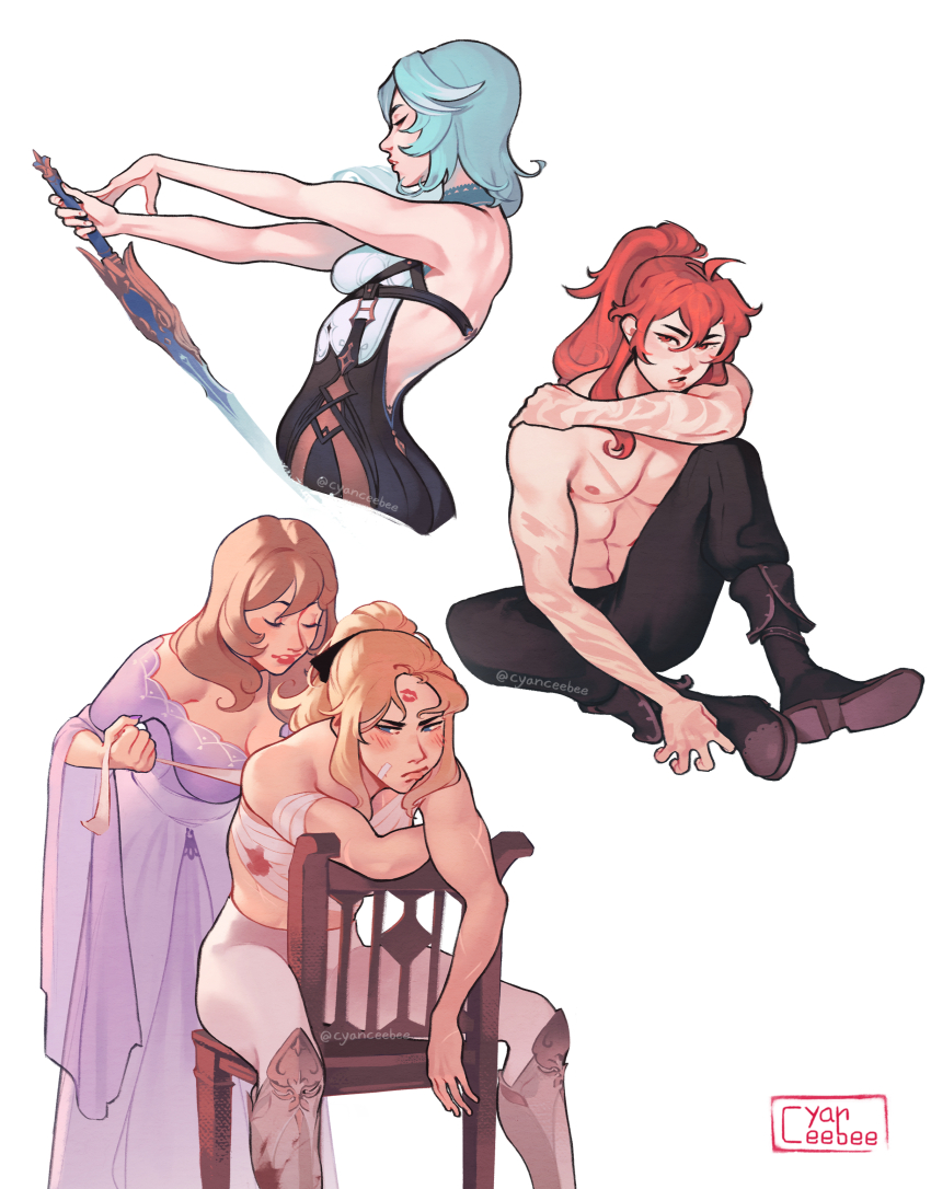 absurdres backless_outfit bandaged_arm bandaged_chest bandages blonde_hair blue_hair boots cyber_(cyanceebee) diluc_(genshin_impact) eula_(genshin_impact) genshin_impact highres holding holding_sword holding_weapon jean_(genshin_impact) knee_guards knights_of_favonius lipstick_mark lipstick_mark_on_face lisa_(genshin_impact) nightgown no_shirt pants ponytail purple_nightgown red_hair scar scars_all_over shin_guards sitting sitting_backwards sword toned toned_female toned_male too_many weapon white_pants
